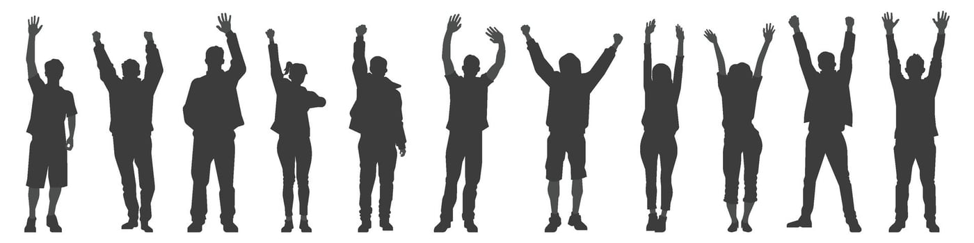 Set silhouettes of people, men and women raising hands, arms in different casual stances vector