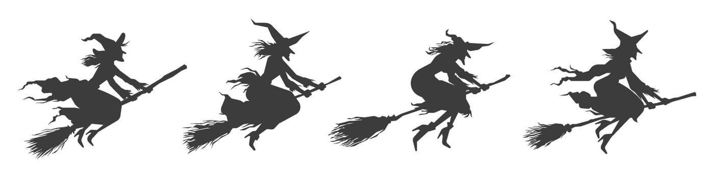 Set of silhouette of witch flying on broomstick spooky magical Halloween vector