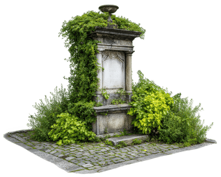 Ancient stone monument covered with green ivy and surrounded by lush bushes on cobblestone base, evoking peaceful and historic atmosphere in nature png