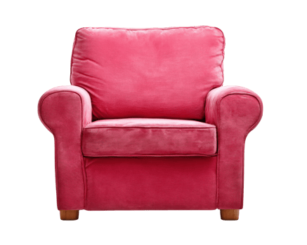 Cozy pink armchair with soft fabric upholstery and rounded armrests, perfect for relaxing in living room or reading nook. chair stands on wooden legs png