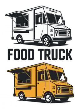 Dual Food Truck Illustration Featuring Black and White and Yellow Versions for Mobile Catering and Restaurant Concepts vector