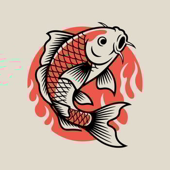 Koi Fish Illustration with Flames and Circle Background Japanese Carp Symbolism Asian Culture Traditional Art Tattoo Design vector