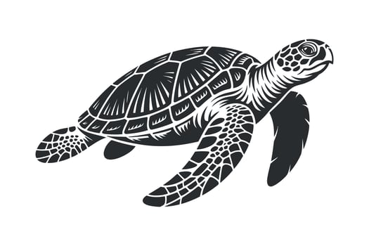 Detailed Sea Turtle Illustration Swimming Underwater with Intricate Shell Pattern and Graceful Flippers in Black and White vector