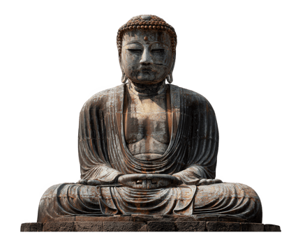 Large ancient Buddha statue in meditation pose with weathered stone texture and peaceful expression isolated on transparency background png