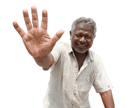 Smiling elderly man with gray hair and beard wearing light checkered shirt, showing open hand gesture with joyful expression isolated on transparency background png