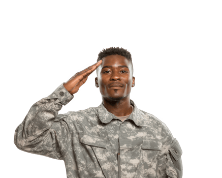 Young soldier in digital camouflage uniform giving respectful salute with confident expression isolated on transparency background png