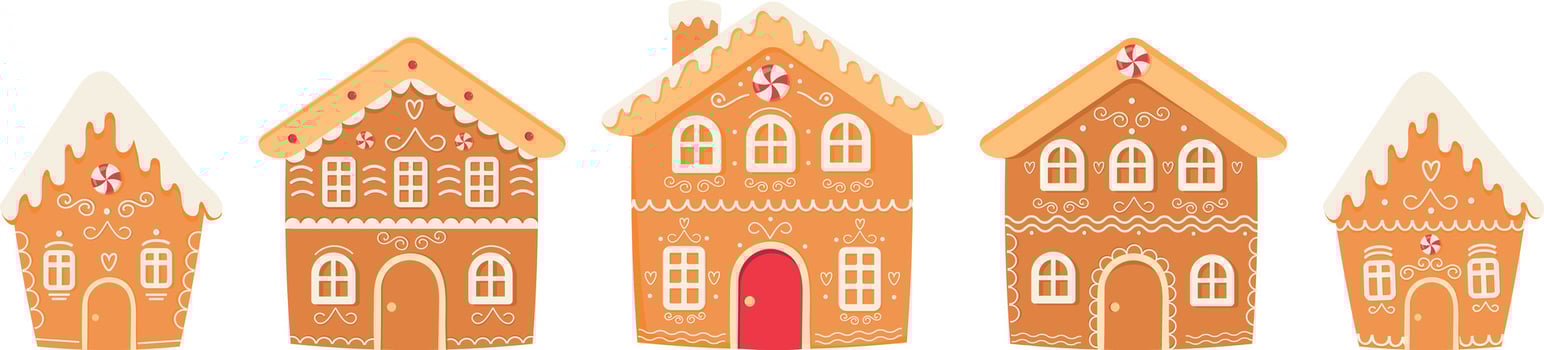 Set of Gingerbread Houses decorated with icing. Christmas Cookie with decoration. Winter sweets. Illustration on white background. vector