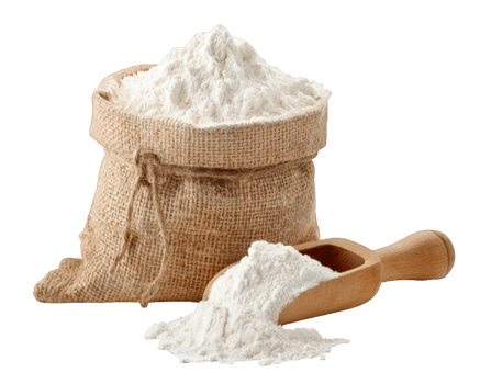 Flour sack with white powder and wooden scoop isolated on transparency background, natural baking ingredient for cooking and food preparation with rustic texture and soft light png