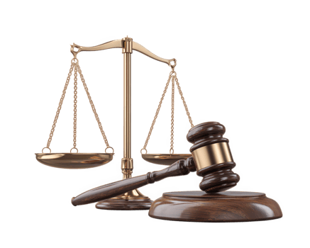 Legal justice concept with judge gavel and balance scale isolated on transparency background, symbolizing law and fairness in court decisions png