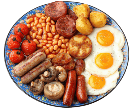 Hearty breakfast plate featuring fried eggs, sausages, baked beans, grilled tomatoes, and crispy potatoes, all beautifully arranged decorative blue plate. This delicious meal evokes sense png