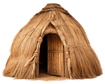 Prehistoric house made of straw and wood, showcasing traditional construction techniques. This structure features rounded shape and wooden door, evoking sense of ancient living png