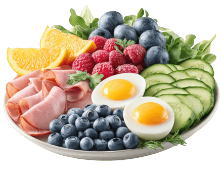 Fresh fruit and vegetable platter featuring vibrant oranges, raspberries, blueberries, and cucumbers, complemented by slices of ham and boiled eggs, creating colorful and healthy breakfast option png
