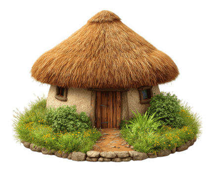 Prehistoric house with thatched roof, surrounded by lush greenery and flowers, evokes sense of ancient living. This charming structure showcases natural materials and rustic design png