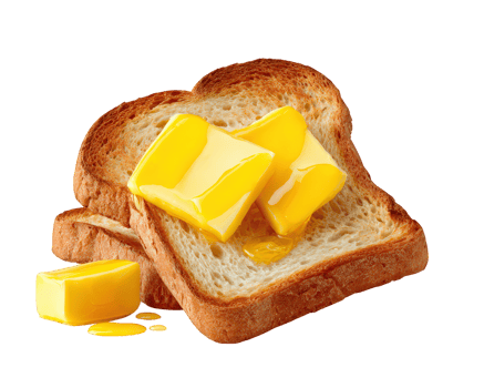Buttered toast with melting butter on top, showcasing delicious breakfast option. golden butter glistens on crispy, toasted bread, creating inviting and appetizing appearance png