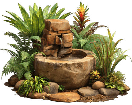 Rustic stone fountain surrounded by lush greenery, featuring vibrant plants and natural stones, creating serene and tranquil atmosphere in garden setting png