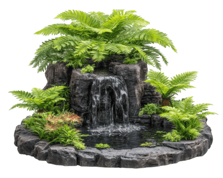 Serene water feature with naturalistic design, featuring lush ferns and gentle waterfall cascading into tranquil pond. This peaceful setting enhances any garden or outdoor space png