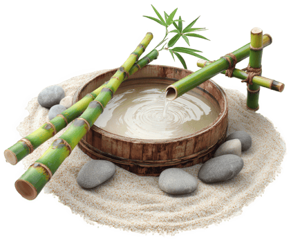 Tranquil Zen garden fountain featuring bamboo and smooth stones, creating serene atmosphere. gentle flow of water enhances relaxation and mindfulness, perfect for meditation png