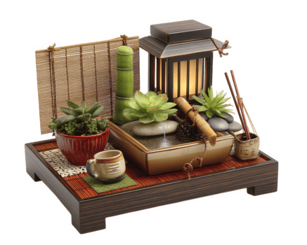 Serene tabletop fountain featuring meditative vibe, surrounded by lush succulents, bamboo, and decorative elements, perfect for creating calming atmosphere in any space png