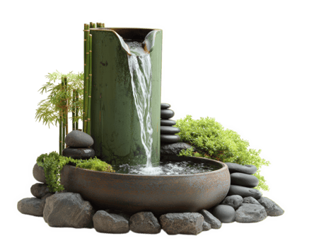 Tranquil Zen garden fountain featuring bamboo spout, flowing water, and carefully arranged stones creates serene atmosphere. This peaceful setting invites relaxation and contemplation png