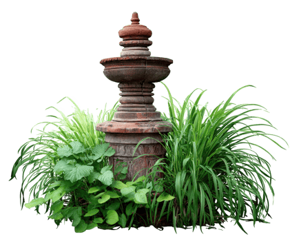 Rustic stone fountain surrounded by lush greenery creates serene atmosphere in any garden. intricate design of fountain complements vibrant plants, enhancing natural beauty png