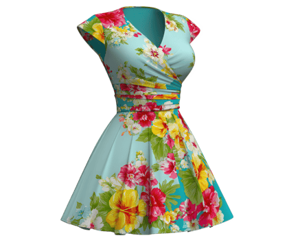 Vibrant floral wrap dress featuring flattering silhouette and beautiful mix of colors. This stylish piece is perfect for summer outings, offering both comfort and elegance png