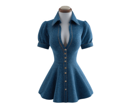 Trendy denim dress featuring fitted bodice and flared skirt, perfect for casual outings. stylish design includes short puff sleeves and button down front, exuding chic vibe png