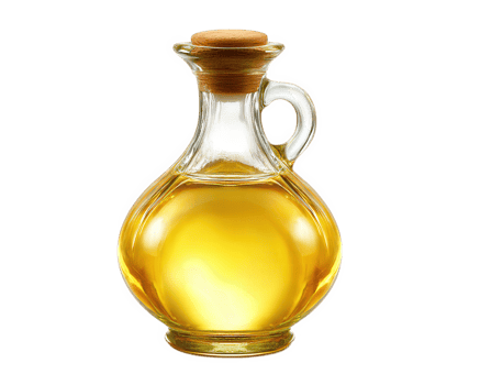 Glass bottle filled with golden oil, featuring wooden stopper, is elegantly displayed against transparency background. oil rich color and clarity suggest high quality and freshness, making it png