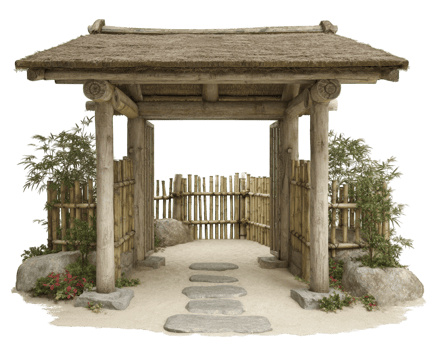 Tranquil Zen garden entrance featuring traditional bamboo gate, surrounded by lush greenery and smooth stones. This serene setting invites peace and reflection, perfect for meditation png