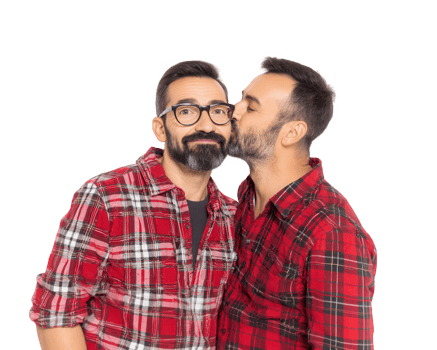 Loving gay couple sharing tender moment, showcasing affection and connection. Their matching plaid shirts add playful touch to this heartwarming scene png