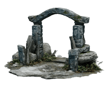 Weathered stone archway surrounded by moss covered rocks and wooden supports creates mystical entrance. natural elements evoke sense of ancient history and tranquility png