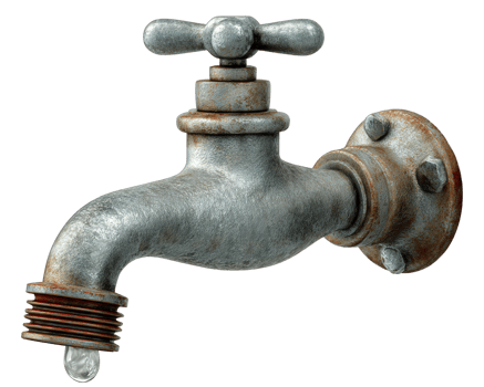 Closeup of weathered vintage style metallic faucet showcasing intricate details and single droplet of water. rustic design evokes sense of nostalgia and charm png