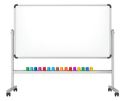 Large whiteboard with sleek silver frame and colorful markers arranged neatly at bottom, perfect for brainstorming and presentations. This setup invites creativity and collaboration png