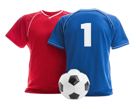 Red and blue sports jerseys with soccer ball ready for play, showcasing vibrant colors and sporty design. Perfect for team spirit and athletic activities png