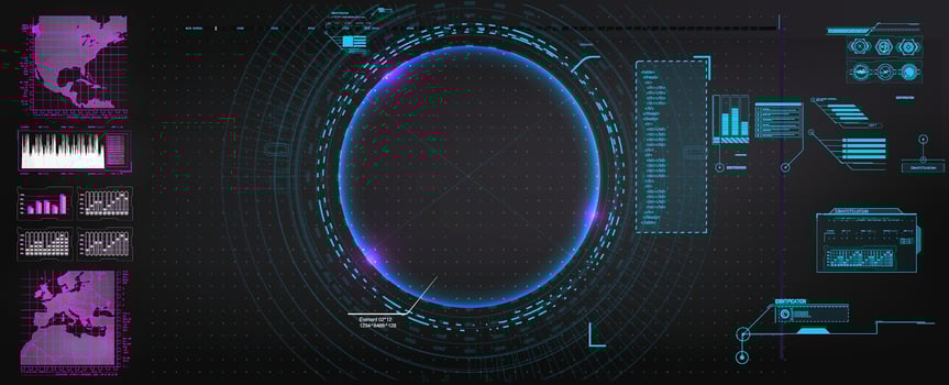 High-tech interface displaying various graphs and data points, set against a dark background. Vibrant colors highlight key metrics, ideal for analytical presentations in modern settings vector