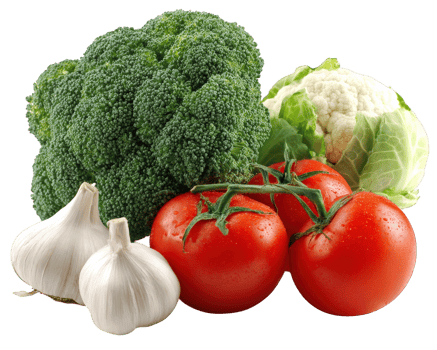 Fresh broccoli, tomatoes, garlic, and cauliflower arranged together create vibrant and healthy display of vegetables. This colorful assortment is perfect for nutritious meals and adds delightful png
