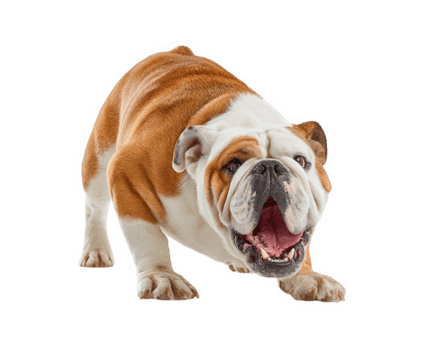 Playful bulldog with silly expression is ready to pounce, showcasing its unique features and vibrant personality. This charming dog exudes joy and energy, making it delightful sight png