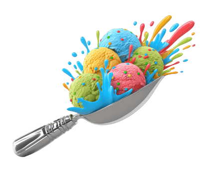 Colorful ice cream scoops splashing with vibrant syrup create delightful scene. bright colors and dynamic splashes evoke sense of joy and indulgence png