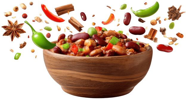 Hearty bowl of chili filled with variety of beans, spices, and vibrant vegetables, creating explosion of flavors and colors. Perfect for comforting meal or gathering png