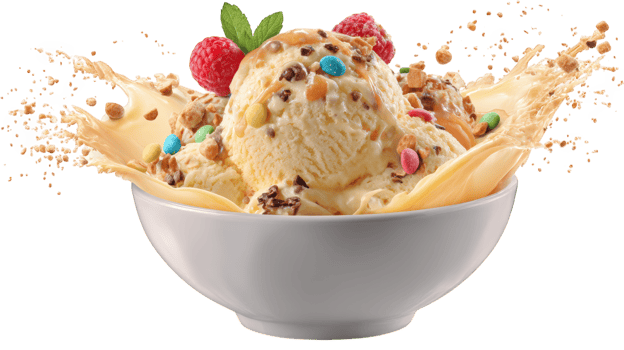 Delicious bowl of ice cream splashing with colorful toppings, including raspberries and crunchy bits, creating joyful and vibrant scene. Perfect for dessert lovers png