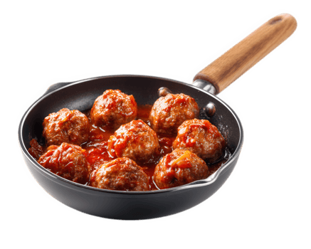 Savory meatballs cooking in pan with rich sauce, showcasing delicious meal ready to serve. vibrant colors and appetizing presentation evoke sense of warmth and comfort png