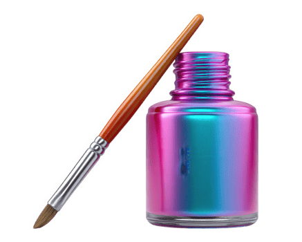 Vibrant nail polish bottle with brush reflecting light, showcasing stunning gradient of colors. sleek design and glossy finish make it eye catching addition to any beauty collection png