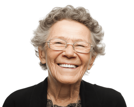 Smiling elderly woman with curly gray hair wearing glasses, exuding warmth and joy against transparency background. Her cheerful expression radiates happiness and positivity png