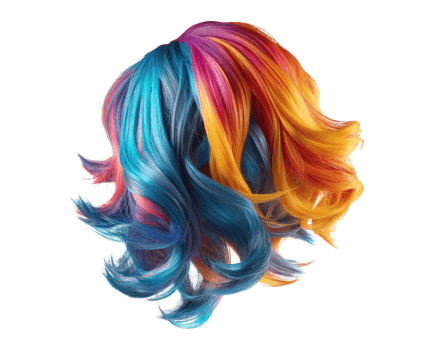 Bold colorful wig hair with mix of shades including blue, pink, and orange, showcasing vibrant hues and flowing strands, perfect for creative styling or costume use png