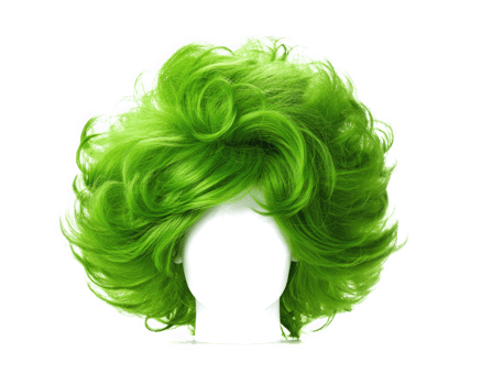 Bright green wig hair styled in dramatic fashion, perfect for costumes or theatrical performances, adds vibrant touch to any look. This unique accessory is sure to stand out png