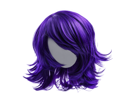 Bold purple wig hair with dramatic flair, perfect for costume parties or theatrical performances, showcasing vibrant color and stylish layers png