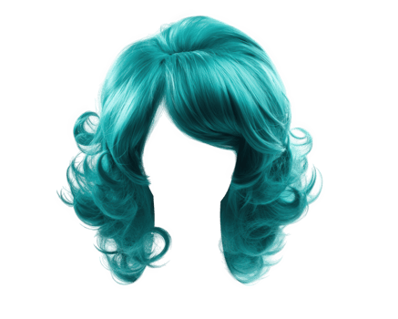 Vibrant teal wig with dramatic curls showcases bold and stylish look, perfect for costume parties or fashion events. This eye catching accessory adds flair to any outfit png