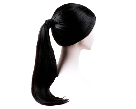 Sleek shiny wig hair styled in low ponytail, showcasing smooth texture and elegant appearance, perfect for various occasions and fashion statements png