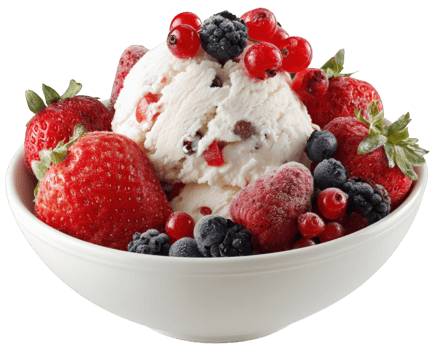 vibrant bowl of mixed fruit ice cream topped with fresh strawberries, raspberries, and blueberries creates delightful and refreshing dessert experience png