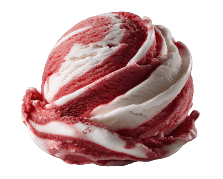 scoop of raspberry ripple ice cream features vibrant swirls of red and white, creating visually appealing treat. creamy texture and fruity flavor evoke sense of indulgence and joy png