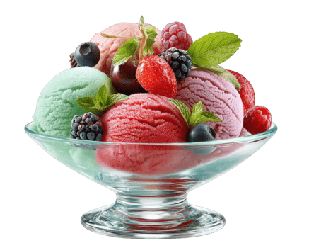 vibrant bowl of mixed fruit ice cream featuring green, pink, and red scoops, garnished with fresh berries and mint leaves, evokes refreshing and delightful treat png